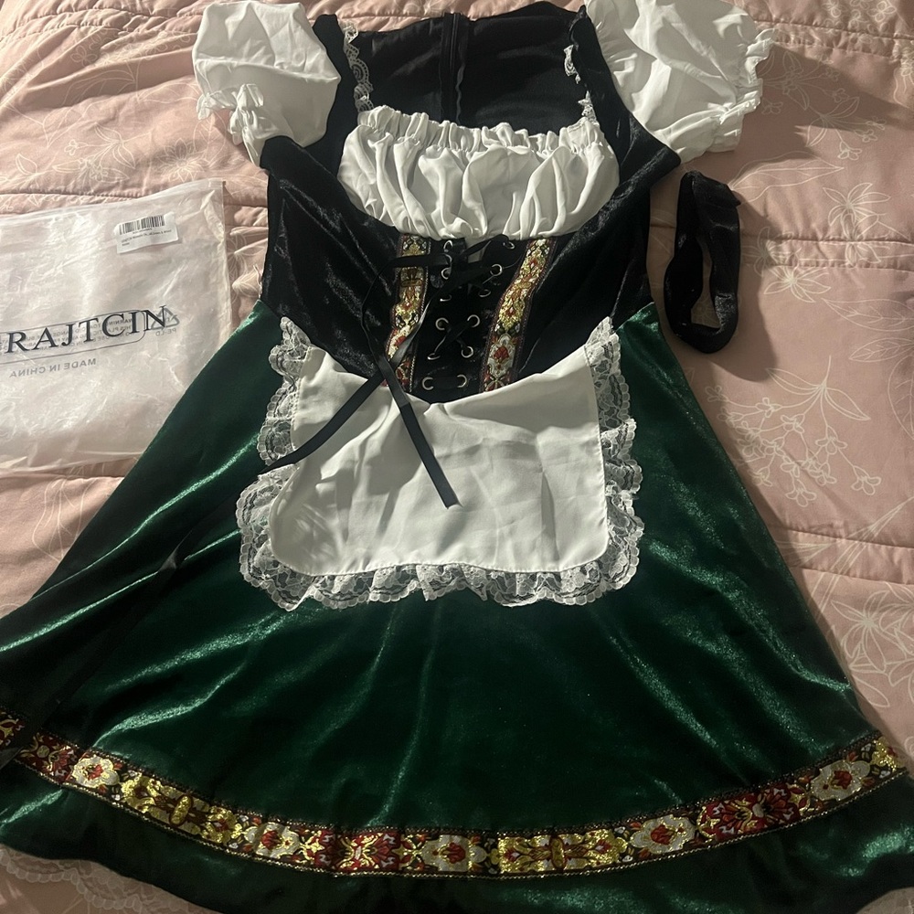 Green and Black Dirndl Dress with White Accents